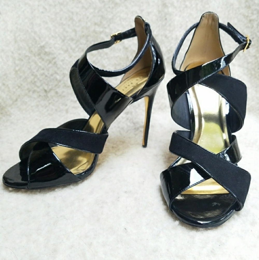 Ted Baker Albace Black Patent Leather Suede Gold Strappy Stilleto Heels Size 8